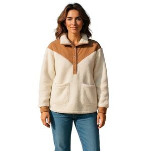Kirundo Womens Sherpa Pullover Sweatshirt Color Block Button Up Size M